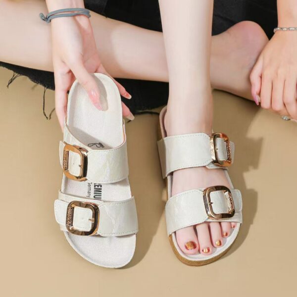 Shuta Premium New urban sandals Shiny leather Two Buckle Cork Sole Women's flat sandals with box