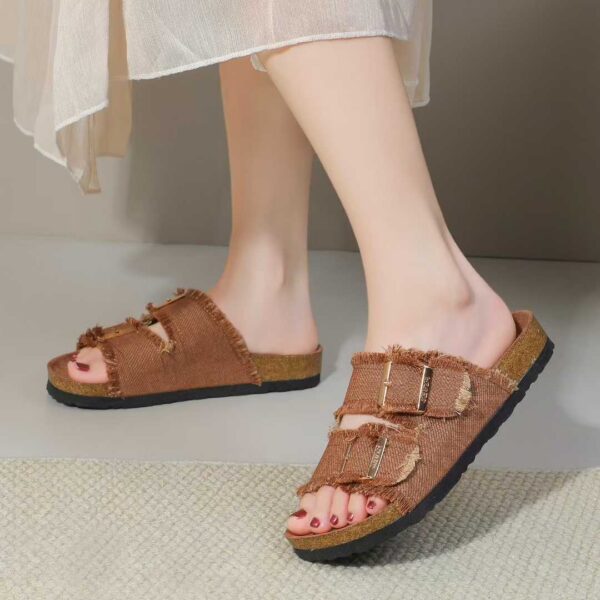 Shuta Premium New urban sandals Denim Two Buckle Cork Sole Women's flat sandals with box